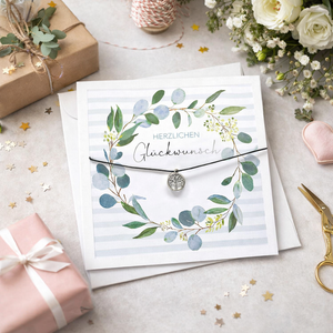 Geburtstagskarte / Glückwunschkarte / Karte mit exklusivem, handgefertigten Glücksarmband Lebensbaum – 15 x 15 cm