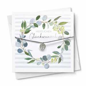 Geburtstagskarte / Glückwunschkarte / Karte mit exklusivem, handgefertigten Glücksarmband Lebensbaum – 15 x 15 cm