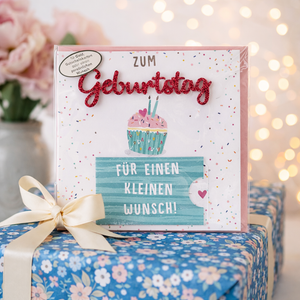 Geburtstagskarte „Für einen kleinen Wunsch“ mit rosa Umschlag – Geldkarte & Glückwunschkarte 15×15 cm