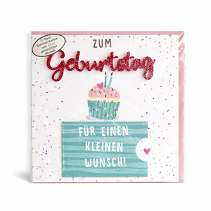Geburtstagskarte „Für einen kleinen Wunsch“ mit rosa Umschlag – Geldkarte & Glückwunschkarte 15×15 cm