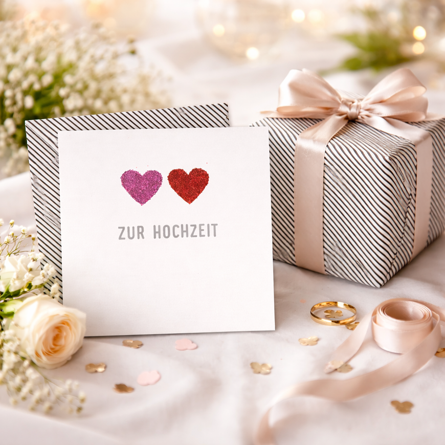 Glückwunschkarte zur Hochzeit – Edle Hochzeitskarte mit gestreiftem Umschlag | 15×15 cm