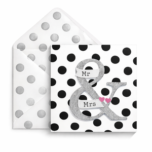 Glückwunschkarte "Mr & Mrs" Hochzeit – Umschlag mit silbernen Punkten – 14,5 x 14,5 cm
