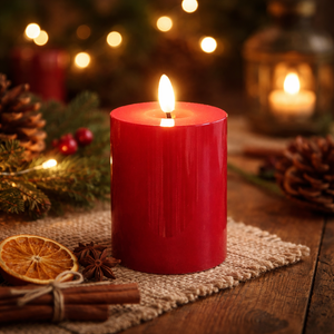 LED Kerze „Poly“ rot glänzend – Ø 7,5 cm, Höhe 10 cm – Deko-Kerze mit Timer für Indoor & Outdoor