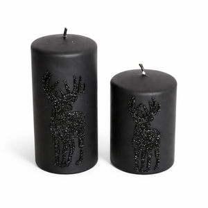 Set Stumpenkerzen mit Rentierdesign / Kerzen – schwarz – Höhe 10 cm + Höhe 14 cm – Ø 7 cm