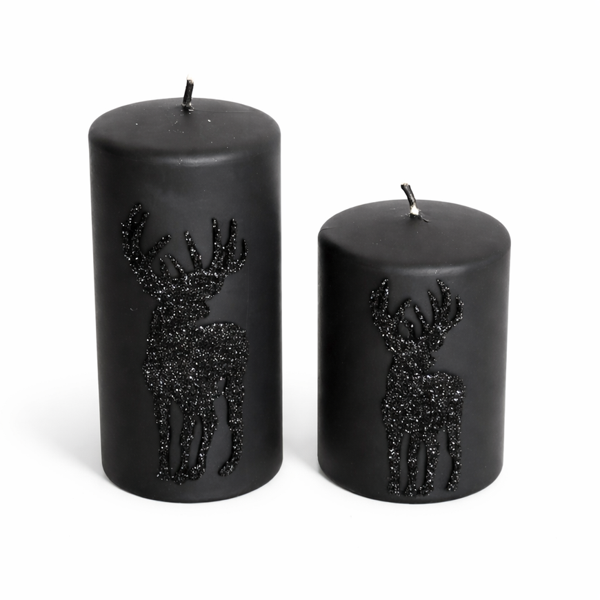 Set Stumpenkerzen mit Rentierdesign / Kerzen – schwarz – Höhe 10 cm + Höhe 14 cm – Ø 7 cm