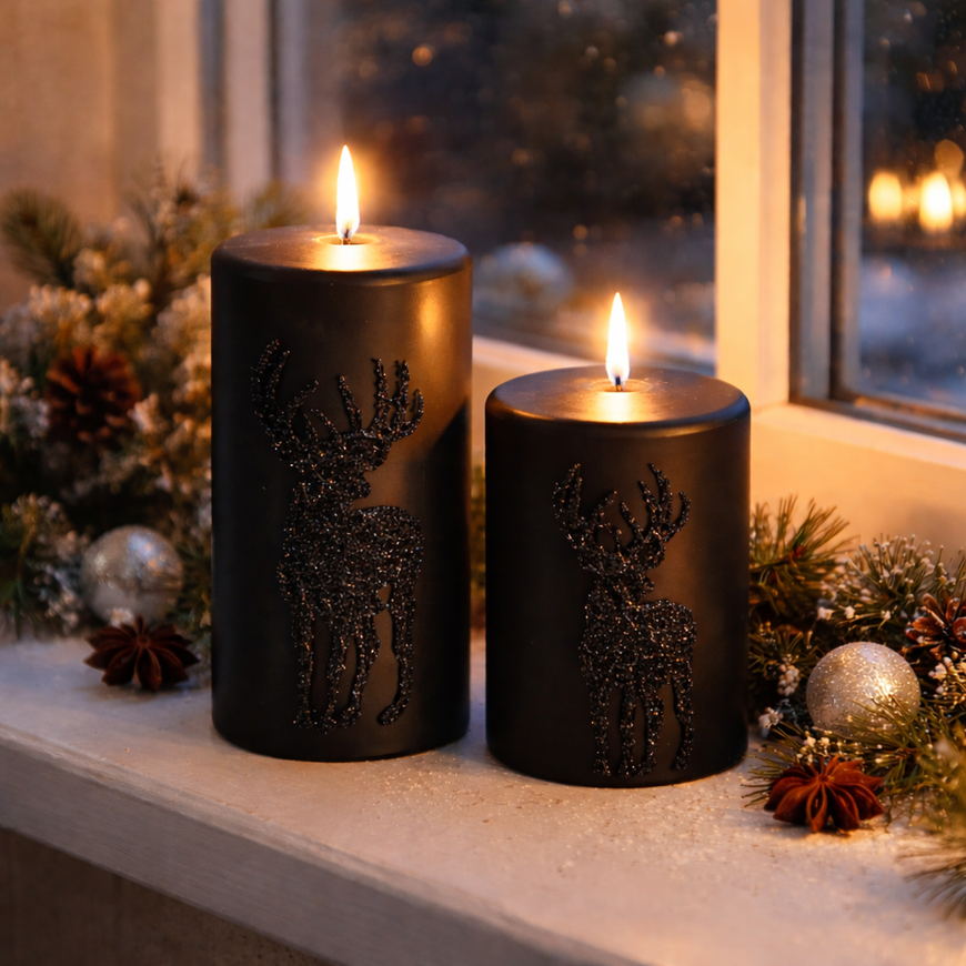 Set Stumpenkerzen mit Rentierdesign / Kerzen – schwarz – Höhe 10 cm + Höhe 14 cm – Ø 7 cm