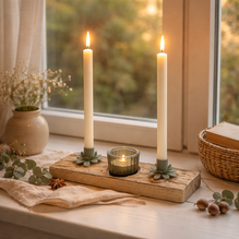 Kerzenständer Holz & Grün inkl. Stabkerzen und Teelicht – Handgefertigt | Natürliches Wohnaccessoire - Breite 25 cm