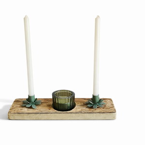 Kerzenständer Holz & Grün inkl. Stabkerzen und Teelicht – Handgefertigt | Natürliches Wohnaccessoire - Breite 25 cm