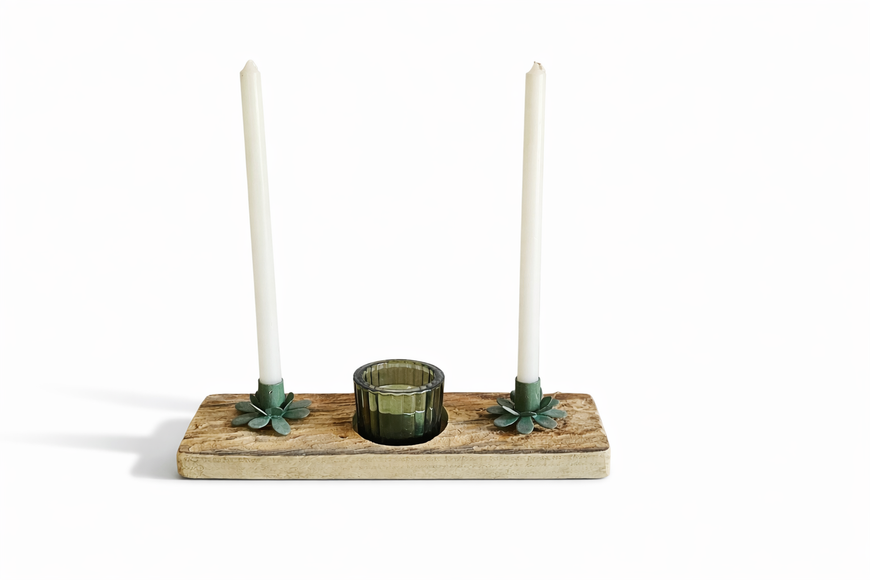 Kerzenständer Holz & Grün inkl. Stabkerzen und Teelicht – Handgefertigt | Natürliches Wohnaccessoire - Breite 25 cm