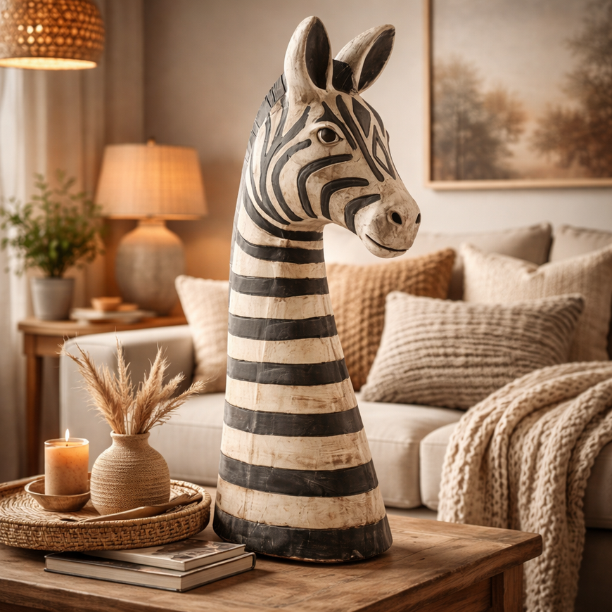 Zebra Dekokopf „Baden“ – Afrikanische Tierkopf Büste aus Gips, Schwarz-Weiß, 50 cm