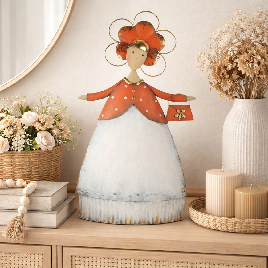 Lady mit Handtasche aus Metall / Dekofigur – orange-weiss – Höhe 52 cm
