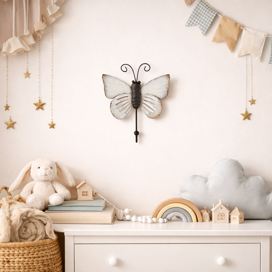 Schmetterling Wandhaken aus Metall – Kleiderhaken weiß-schwarz, 16 cm