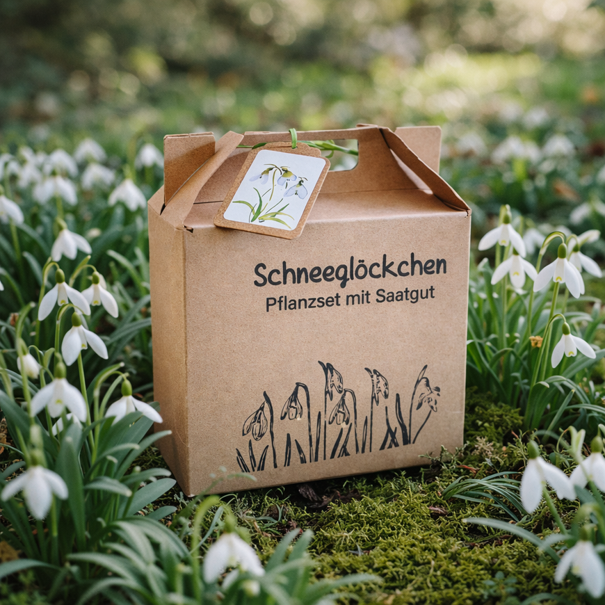 Schneeglöckchen Pflanzset – Zarte Frühlingsboten mit Saatgut – Liebevolles Geschenk – 14×15×7 cm – Handarbeit mit sozialem Mehrwert