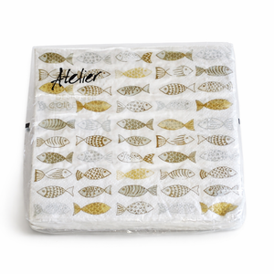 Atelier Serviette Fische – Weiß-Gold, 33×33 cm, 20 Stück