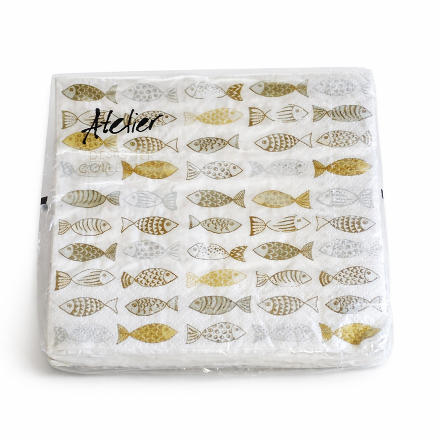 Atelier Serviette Fische – Weiß-Gold, 33×33 cm, 20 Stück