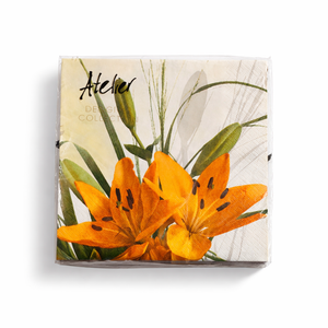 Atelier Serviette Lilien – Orange-Grün, 33×33 cm, 20 Stück