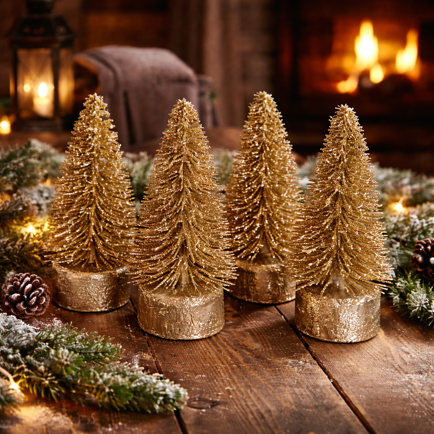 Tannenbaum Set (4 Stück) auf Holzfuss / Weihnachten / Aufsteller – Gold – Höhe 13 cm