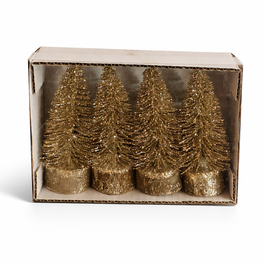 Tannenbaum Set (4 Stück) auf Holzfuss / Weihnachten / Aufsteller – Gold – Höhe 13 cm