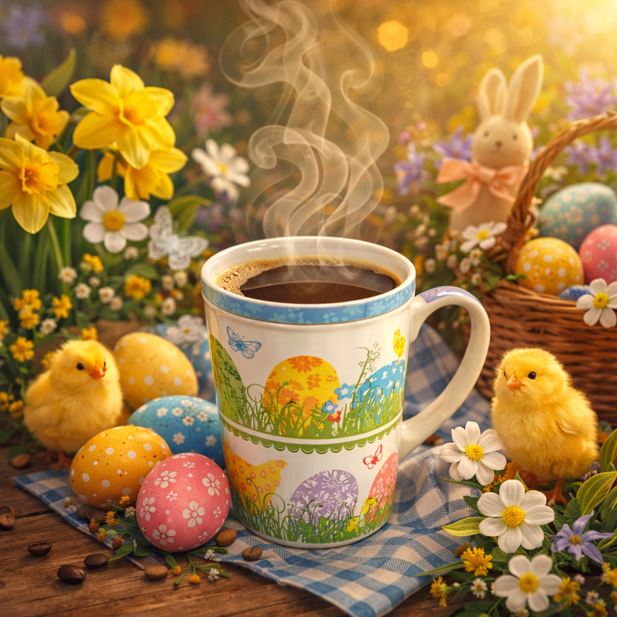 Frühstückstasse Ostern / Teetasse mit Deckel / Becher / Henkelbecher / Tasse Tea Mug 