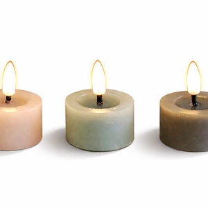 LED Teelicht Set (3 Stück) "3D" / Dekokerzen Wachs mit Timer – pink-grau-sand – Höhe 2,5 cm - Ø 5 cm