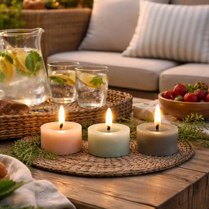 LED Teelicht Set (3 Stück) "3D" / Dekokerzen Wachs mit Timer – pink-grau-sand – Höhe 2,5 cm - Ø 5 cm