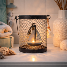 Teelichthalter Metall maritim – Windlicht mit Segelbooten blau-weiß | 11 cm