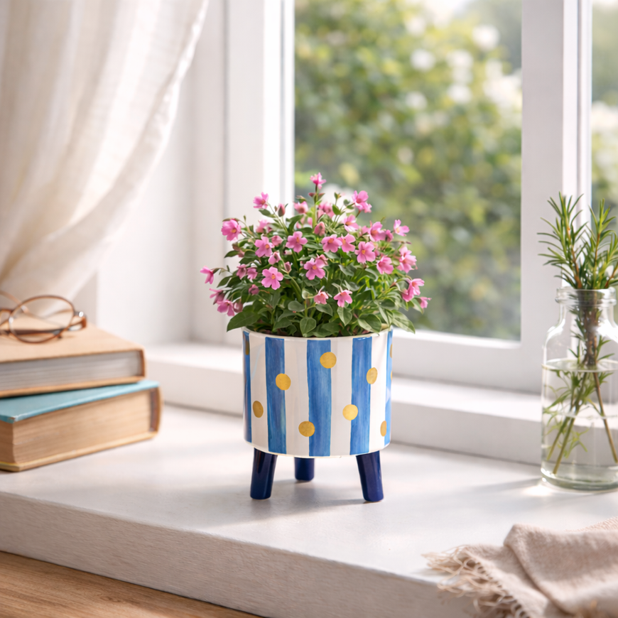 Spang Übertopf auf Füßen – Blau-Weiß mit goldenen Punkten | Keramik Topf in verschiedenen Motiven & Größen