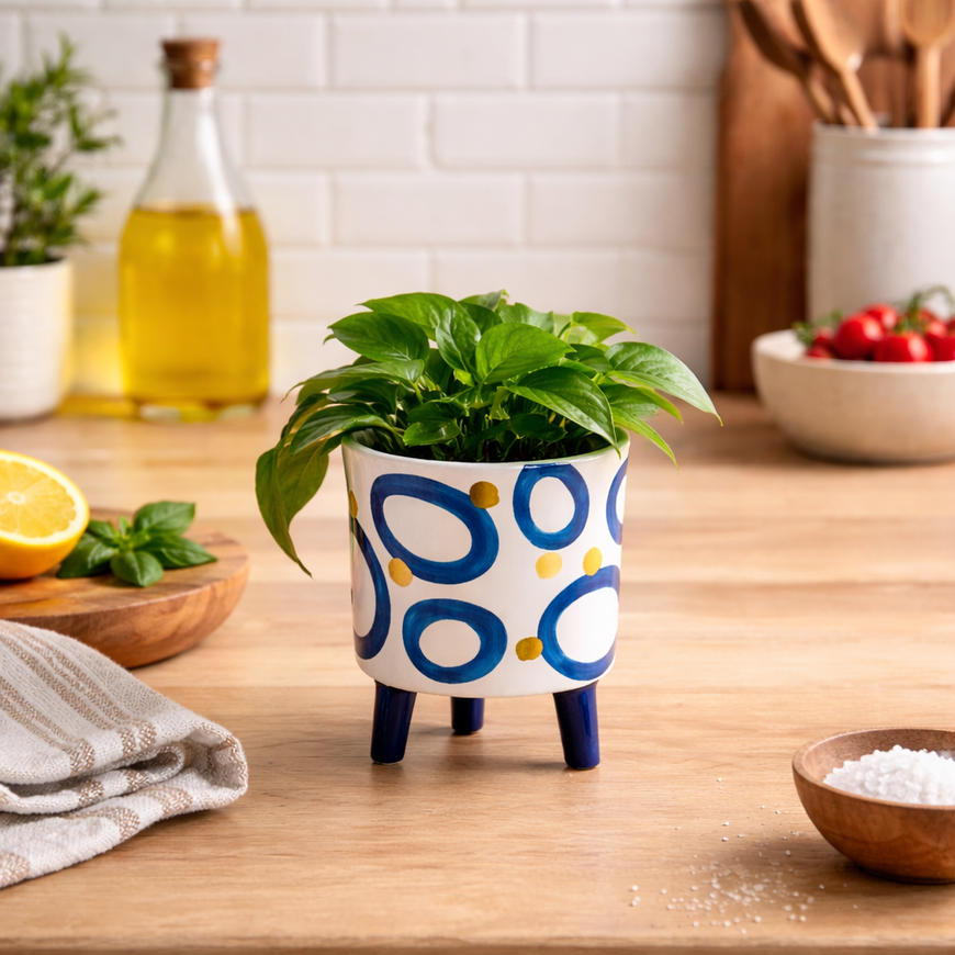 Spang Übertopf auf Füßen – Blau-Weiß mit goldenen Punkten | Keramik Topf in verschiedenen Motiven & Größen