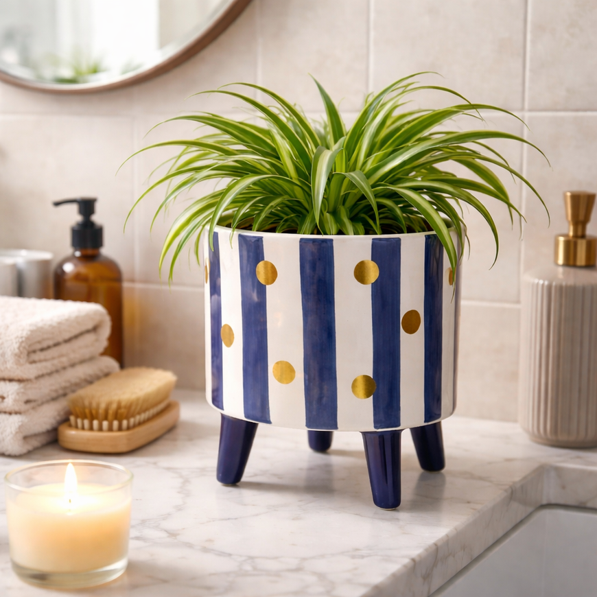 Spang Übertopf auf Füßen – Blau-Weiß mit goldenen Punkten | Keramik Topf in verschiedenen Motiven & Größen