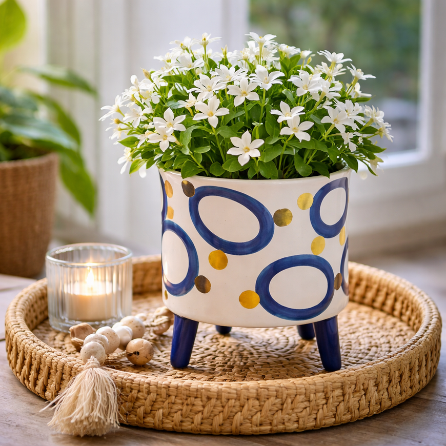 Spang Übertopf auf Füßen – Blau-Weiß mit goldenen Punkten | Keramik Topf in verschiedenen Motiven & Größen