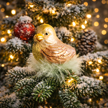 Glas Vogel Christbaumschmuck Haussperling – handgefertigt, mundgeblasen & handbemalt – Gold Braun Grün Glitzer, 6 x 4 x 8 cm