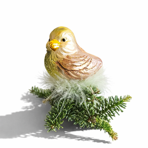 Glas Vogel Christbaumschmuck Haussperling – handgefertigt, mundgeblasen & handbemalt – Gold Braun Grün Glitzer, 6 x 4 x 8 cm