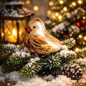 Glas Vogel Christbaumschmuck Haussperling – handgefertigt, mundgeblasen & handbemalt – Braun Rot Silber Glitzer, 6 x 5 x 7 cm