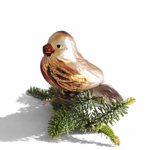 Glas Vogel Christbaumschmuck Haussperling – handgefertigt, mundgeblasen & handbemalt – Braun Rot Silber Glitzer, 6 x 5 x 7 cm