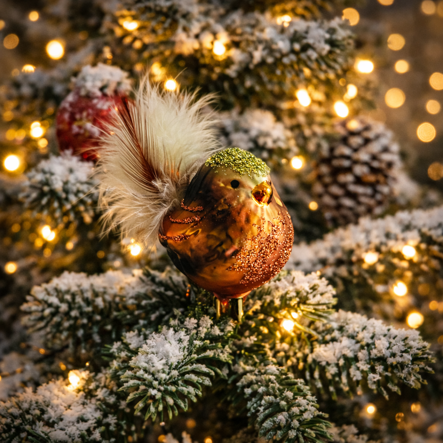 Glas Vogel Christbaumschmuck Zaunkönig – handgefertigt, mundgeblasen & handbemalt – Braun Rot Grün Glitzer, 4 x 4 x 6 cm