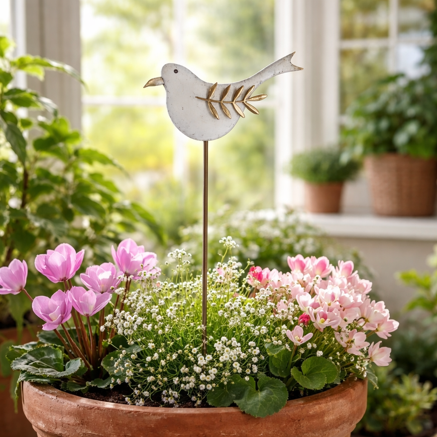 Gartenstecker Vogel aus Metall Weiß-Gold – 72 cm Gartendeko