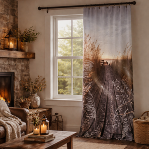 Halbach Vorhang „Seelandschaft“ – Digitaldruck Blumen, Braun-Weiß-Blau, 68 × 250 cm