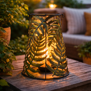 Windlicht Farn aus Metall mit Glaseinsatz – Kerzenhalter schwarz-grün – Höhe 25 cm