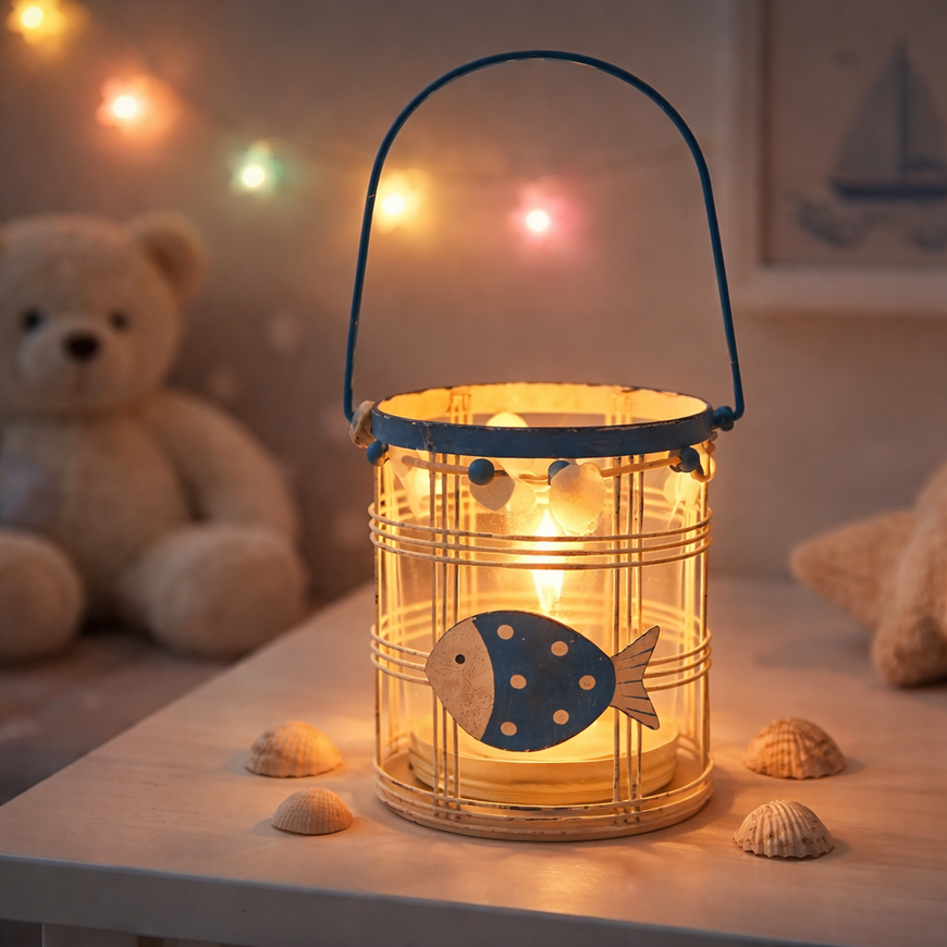 Maritimes Metall-Windlicht mit Fischen | Teelichthalter blau-weiß | 11,5 cm