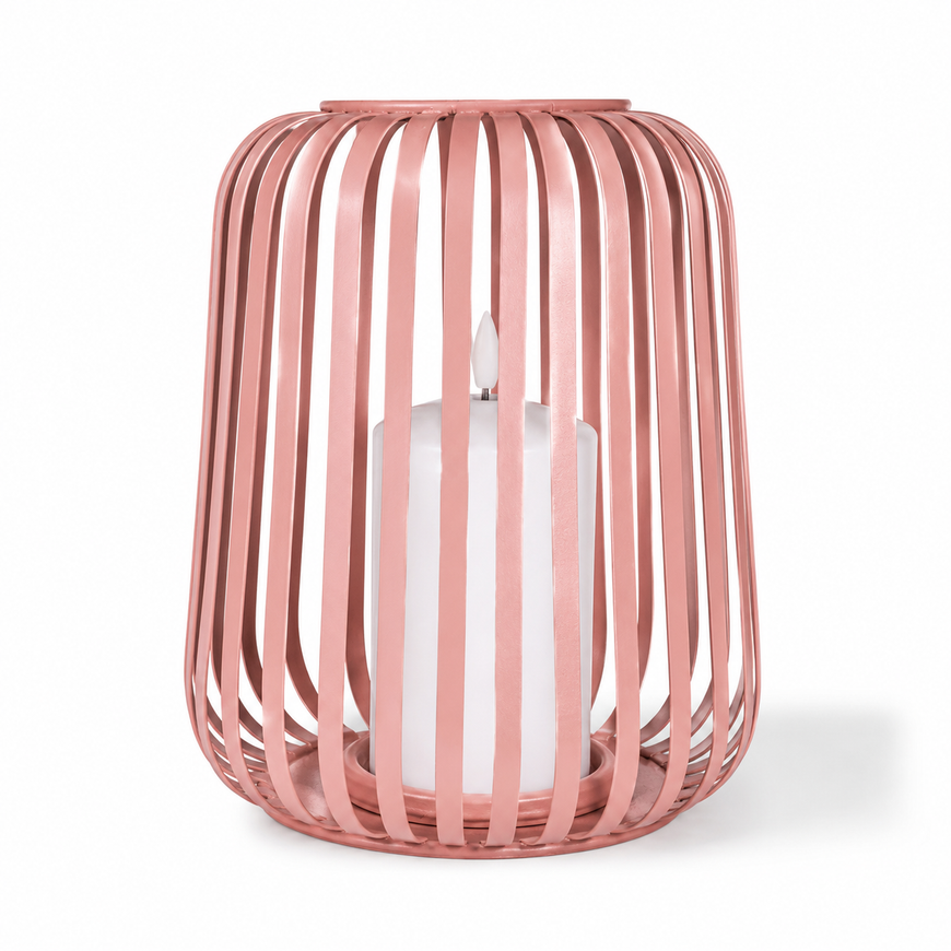 Windlicht „Lydia“ aus Metall mit LED-Kerze & Timer – Rosa – 21 cm