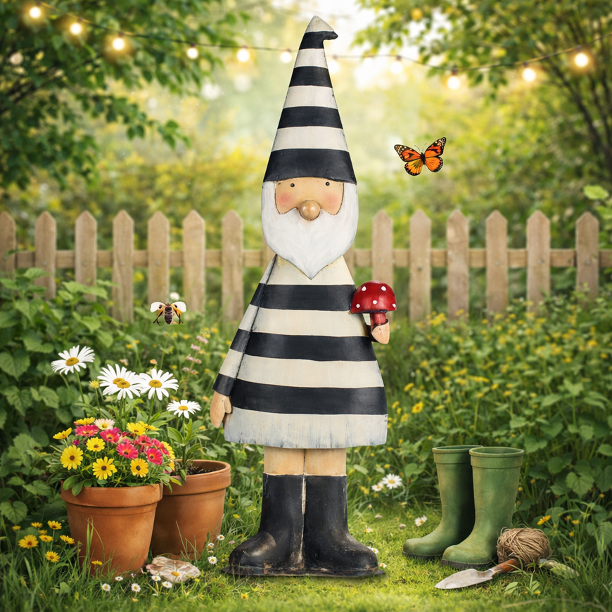 Gartenzwerg / Zwerg aus Metall / Gartenfigur / Dekofigur mit Fliegenpilz – schwarz-weiss – verschiedene Motive – Höhe 90 cm