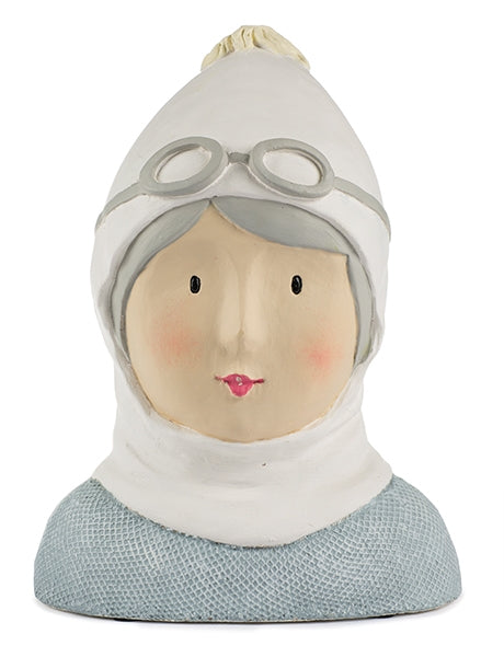 Baden Ladykopf Kopf mit Mütze und Skibrille Büste aus Gips – weiss-grau-beige – Höhe 25 cm