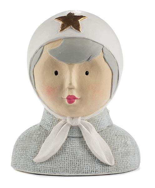 Baden Ladykopf Kopf mit Kopfbedeckung Büste aus Gips – weiss-grau-beige – 23 cm