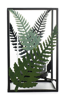 Windlicht / Kerzenhalter Farn aus Metall mit Glaseinsatz – schwarz-grün – 14 x 29 cm