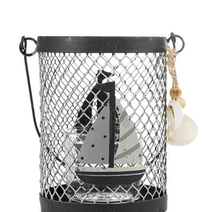 Teelichthalter / Metall-Windlicht / Kerzenhalter mit Booten aus Metall – blau-weiss – Höhe 11 cm