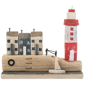 Insel mit Leuchtturm und Häusern aus Holz / Aufsteller / Dekoration – rot-blau-braun – Höhe 24 cm