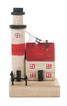 Insel mit Leuchtturm und Haus aus Holz / Aufsteller / Dekoration – rot-blau-weiss – Höhe 20 cm