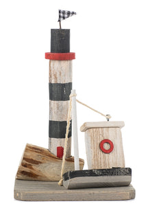 Insel mit Leuchtturm aus Holz / Aufsteller / Dekoration – rot-blau-grau – Höhe 25 cm