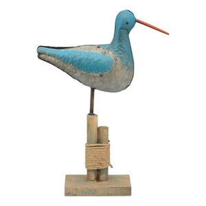 Vogel aus Metall auf Holzfuss / Aufsteller / Dekofigur – blau-silber – Höhe 52 cm