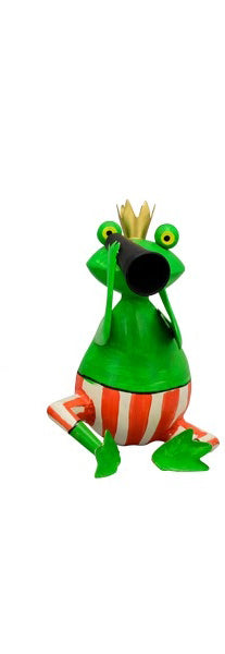 Frosch / Metallfrosch / Dekofigur aus Metall sitzend mit Fernglas – grün-orange-weiss – Höhe 23cm